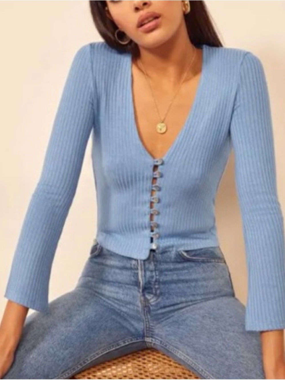 Reformation Gellar Knit Crop Top Women XL Blue Button Front Long Sleeve Ribbed